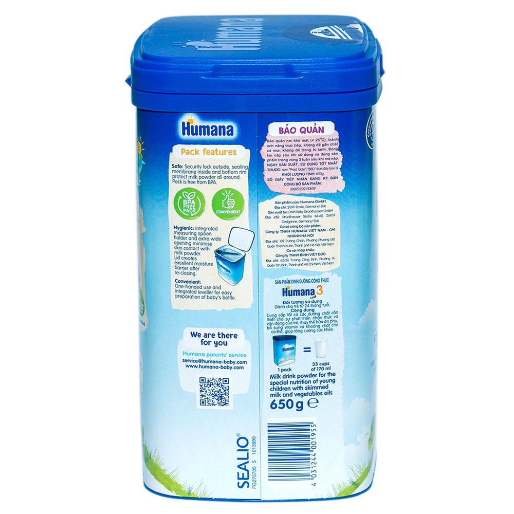 Sữa bột Humana Gold Plus 3 (1-9 Tuổi) 650g Mới (Date T7/23)
