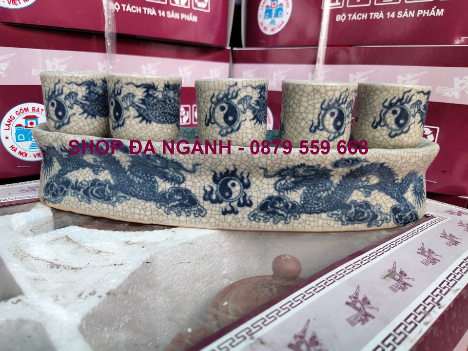 Bộ kỷ 5 chén nước thờ cúng, men rạn