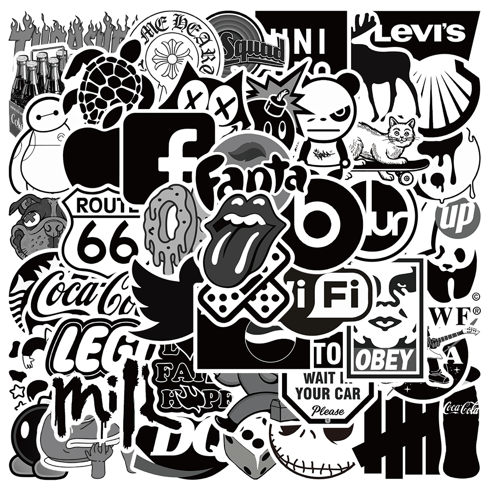 50Pcs Cartoon Cute Black Fashion Worlds Waterproof Sticker Skateboarding Snowboard Retro Vinyl Sticker Graffiti Notebook Sticker