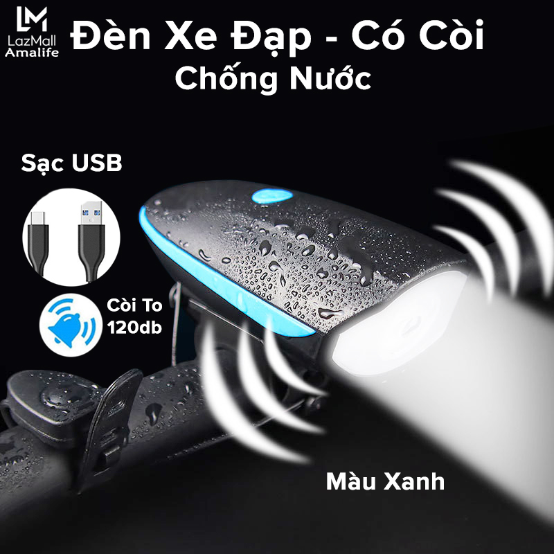 Đèn Xe Đạp Có Còi Màu Xanh Chính Hãng Amalife Siêu Sáng Chống Nước – Có Pin Cổng Sạc USB – Đèn Còi Xe Đạp Có 3 Chế Độ Sáng XPG Còi To
