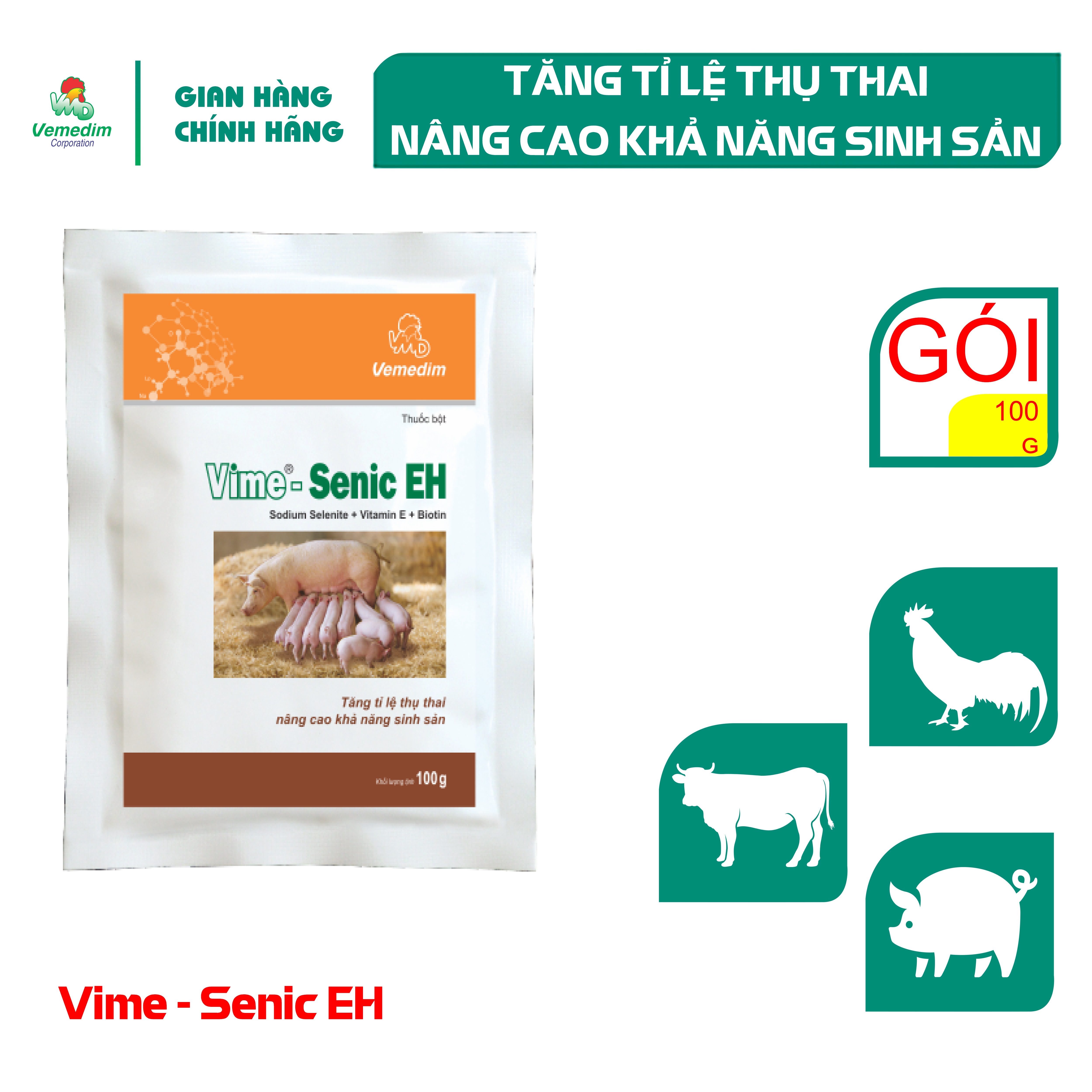 "Hoàn tiền đến 10%" Vemedim VIME-Senic EH tăng tỉ lệ thụ thai, khả năng sinh sản cho gia súc, gia cầm, set 5 gói 100g