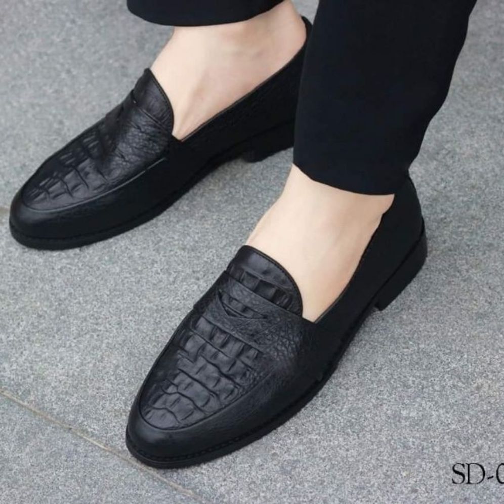 Giày lười nam dập vân cá xấu chất da bò