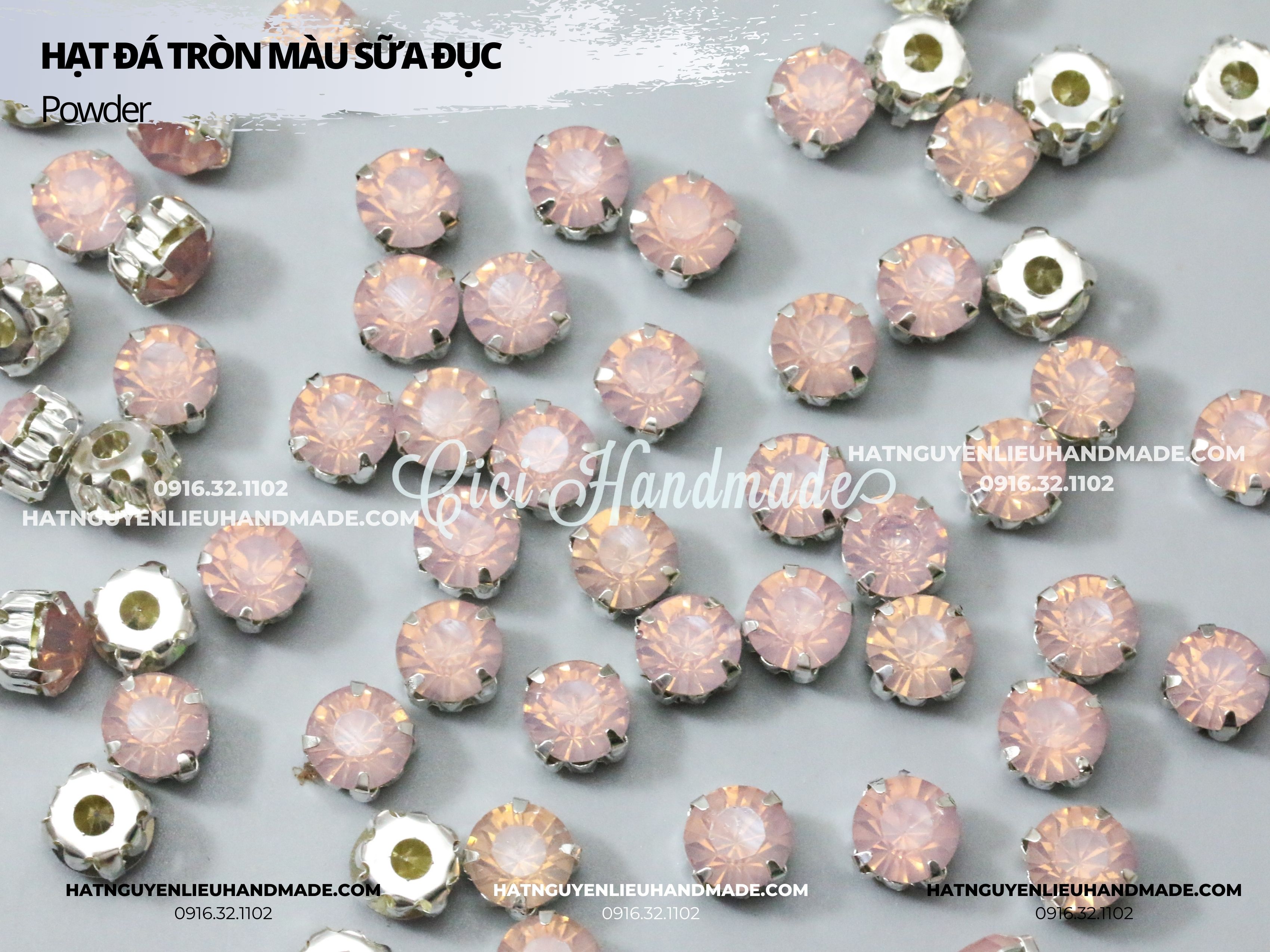 Túi 50-100 hạt đá tròn màu sữa đục đế bạc có lỗ khâu Cici Handmade chuyên hạt đá hạt pha lê hạt cườm đính kết thời trang