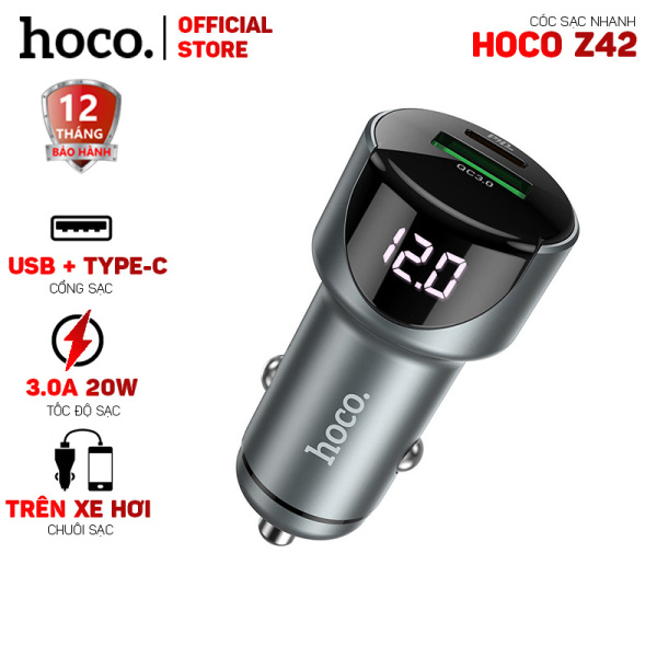 Cóc sạc nhanh Hoco Z42 trên xe hơi 1 cổng USB 1 cổng Type-C có màn hình led-Dành cho mọi thiết bị