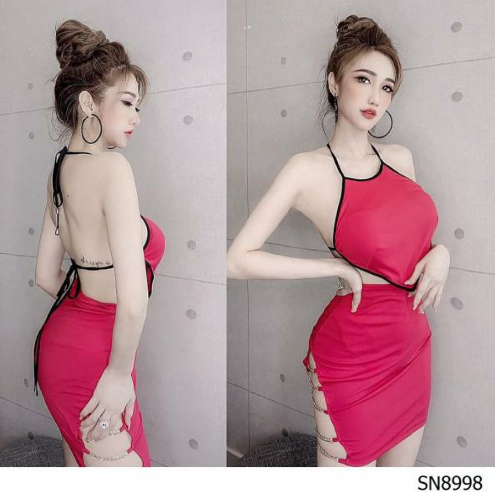 sét áo yếm viền hở lưng chân váy phối xích