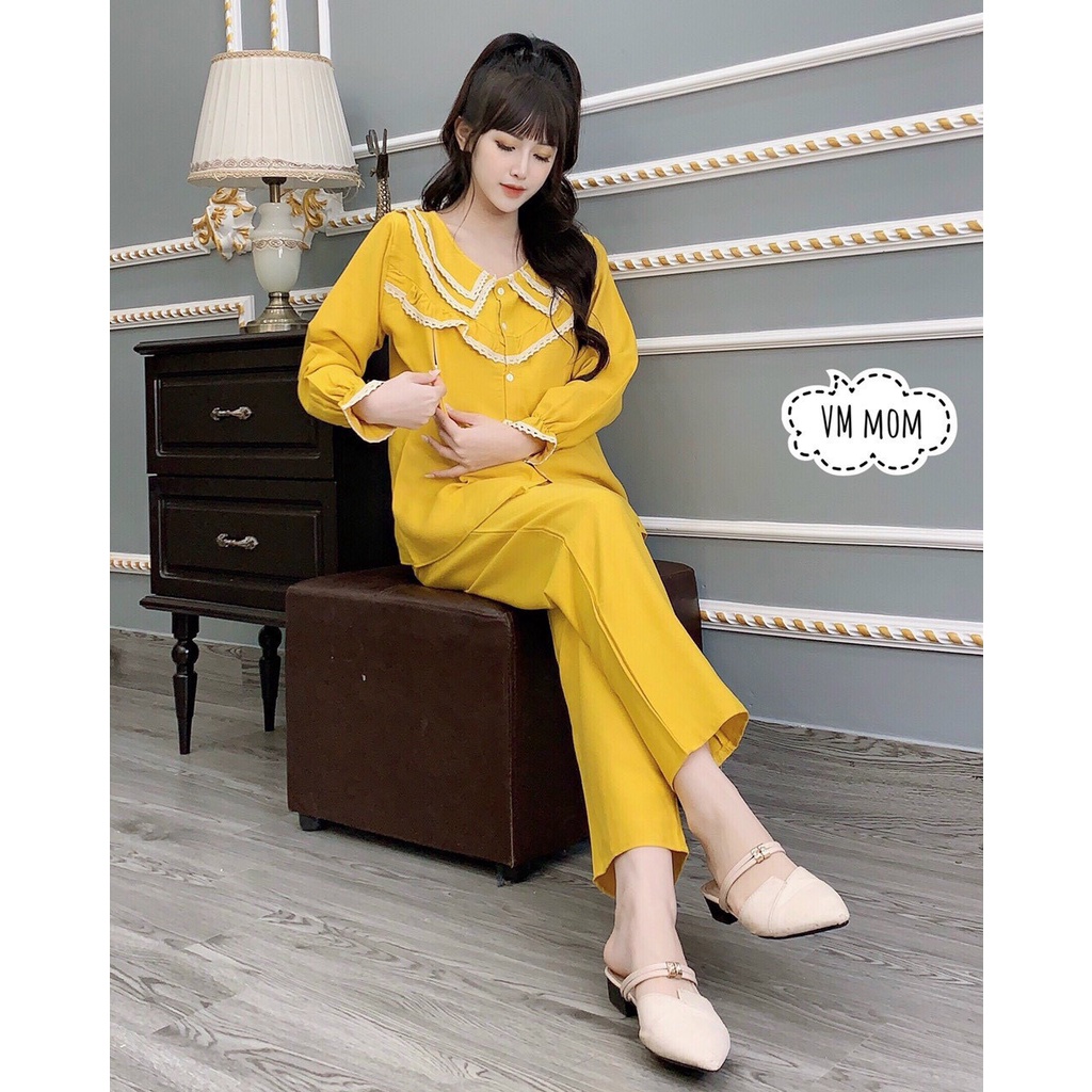 Bộ bầu thu đông dài + sau sinh chất nhung tăm mặc mùa Thu, Đông có chỗ cho con ti, quần có chun tăng giảm, có video