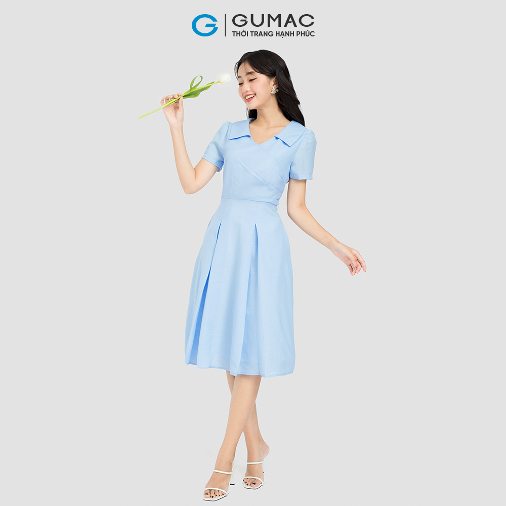 Đầm form A xếp ly eo phối dây eo GUMAC DC12054