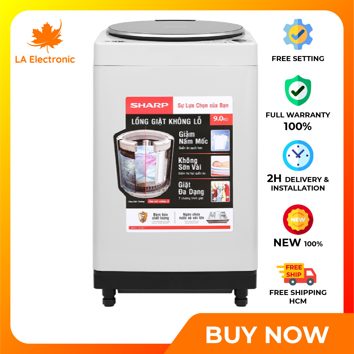Trả Góp 0% – Máy giặt – Sharp washing machine 9 kg ES-W90PV-H – Free shipping HCM