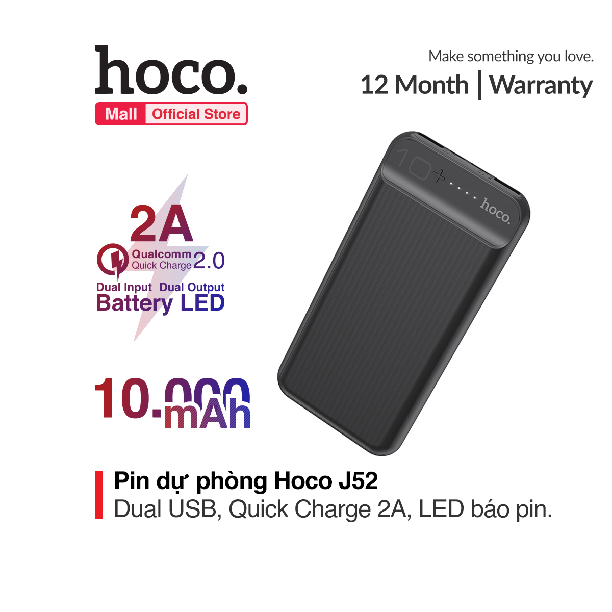 Pin sạc dự phòng Hoco J52 cổng ra USB dung lượng 10000mAh có đèn