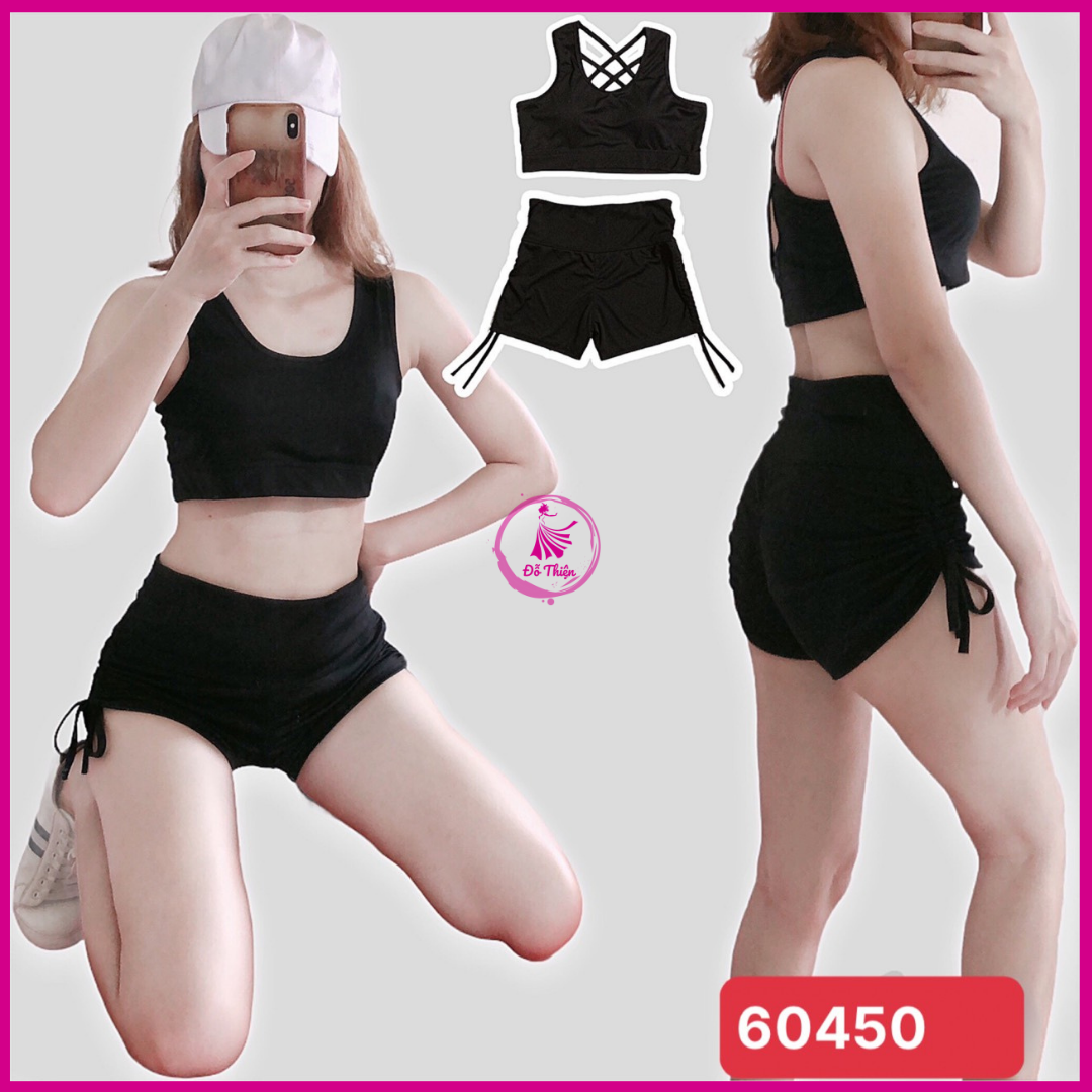 Bộ Đồ Tập Gym Yoga Nữ Áo Crop - Bộ quần áo GYM thể thao Dây Rút Ngực Quần Đùi Dây Rút - Đỗ Thiện Unisex