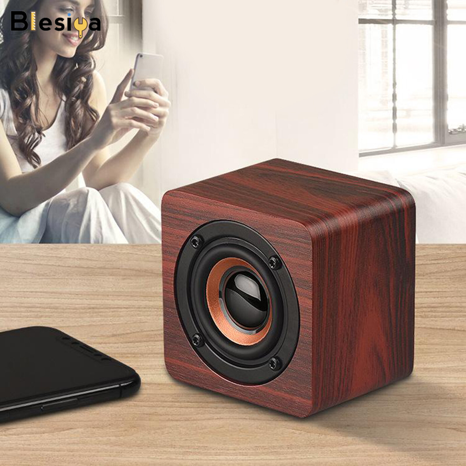 Blesiya loa đa phương tiện bluetooth mini bằng gỗ, pin & cáp 1200mah