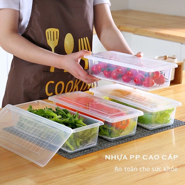 Food container clear fridge with lid, with drain tray for fresh food 6586