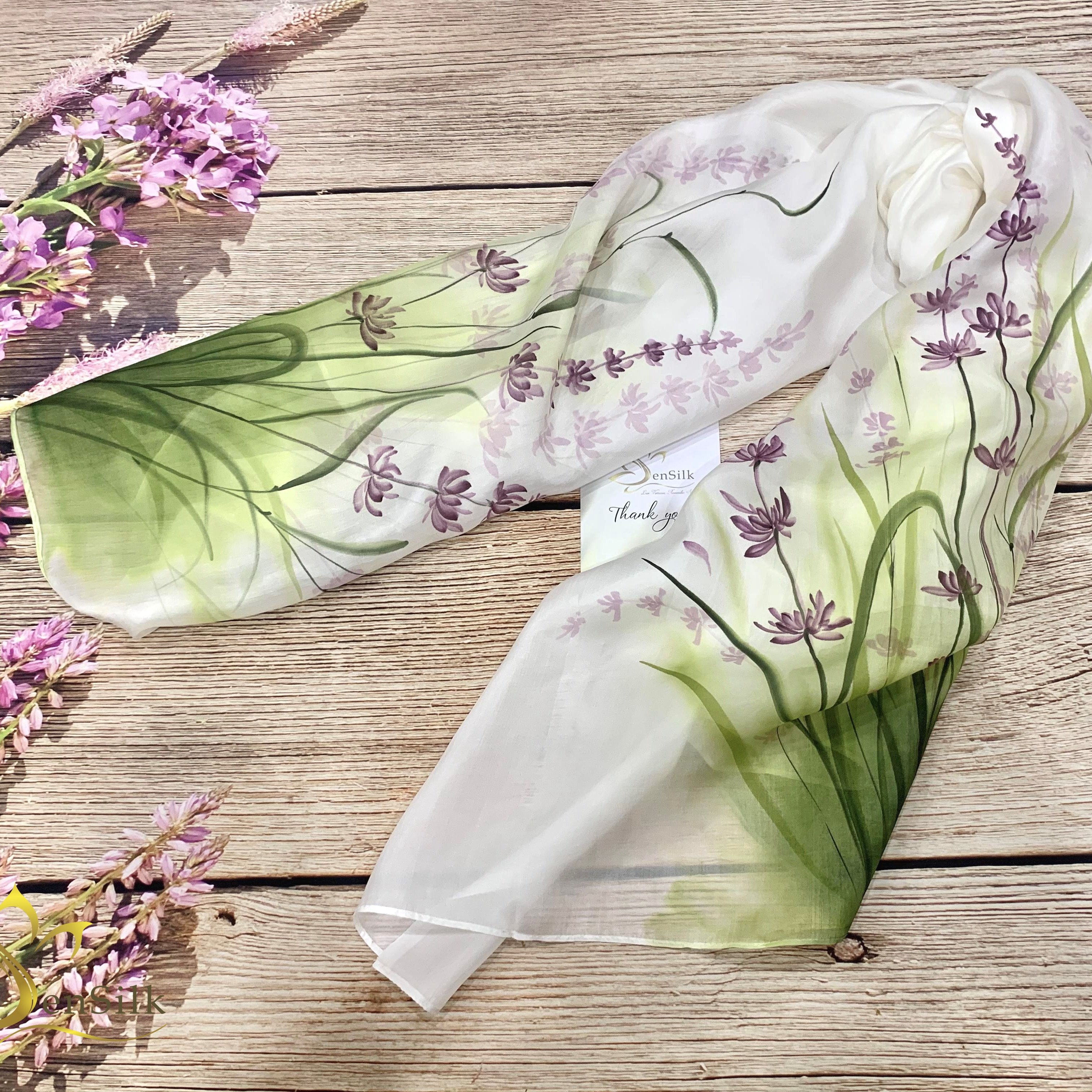 Phụ Kiện Lụa Tơ Tằm Thời Trang - Khăn Lụa Vẽ Thủ Công Lavender SenSilk 160x550cm, Khăn Lụa Dài, Lụa Vẽ Tay, Hand Painted Silk