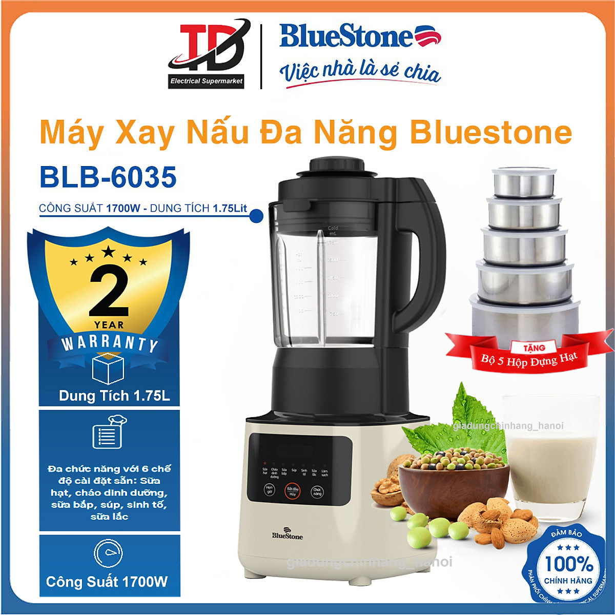 Máy Làm Sữa Hạt BlueStone BLB-6035, 1,75Lít - 1700w, Máy Xay Nấu Đa Năng, Cháo Dinh Dưỡng, BH chính hãng 2 năm