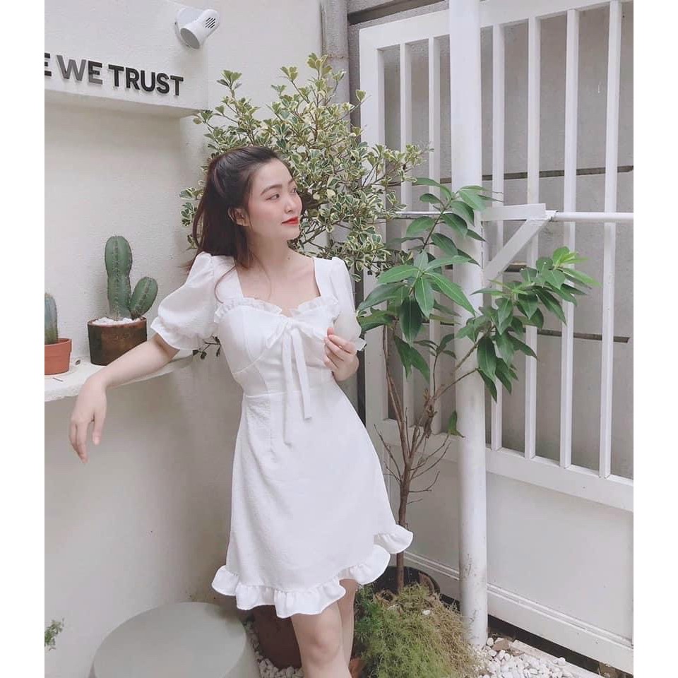 Đầm viền bèo nơ cổ 3 màu