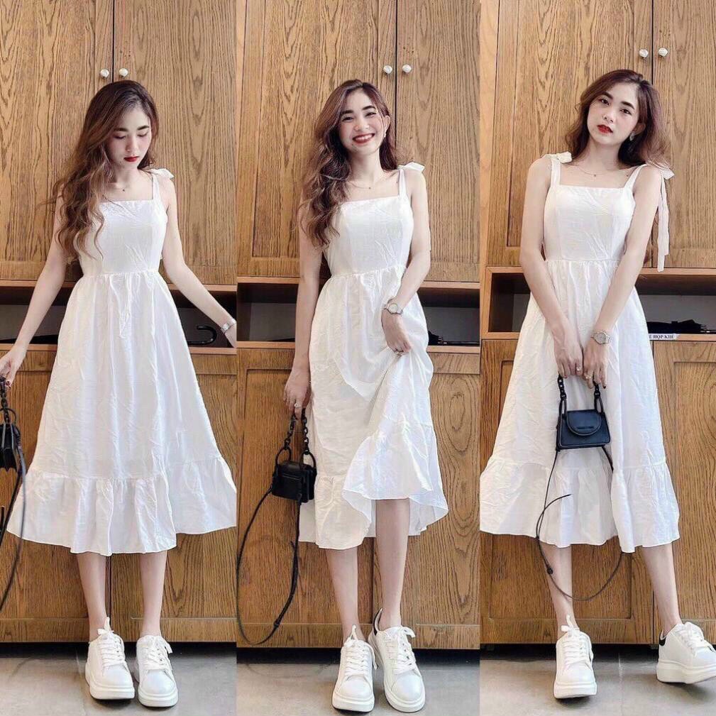 Đầm trắng dài hai dây xinh xắn