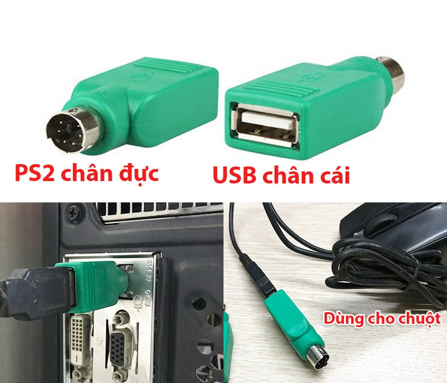 COMBO 2 Đầu chuyển cổng PS2 ra USB / PS2 to USB Adapter dùng cho chuột (Xanh)