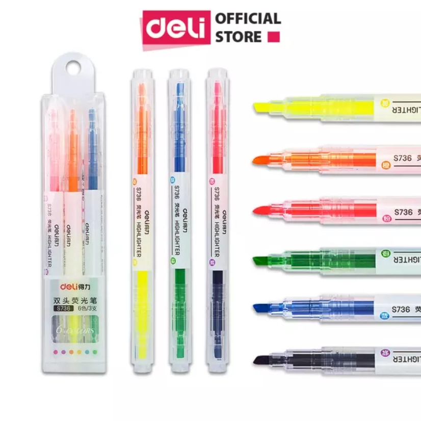 Bộ bút highlight pastel dạng bấm Deli, Bút highlight bấm bút dạ quang ...
