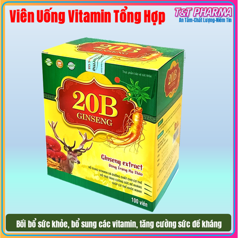 Viên Uống Vitamin Tổng Hợp 20B GINSENG Đông Trùng Hạ Thảo Nhân Sâm Nhung Hươu  (Hộp 100 viên) Giúp Ăn Ngon Tăng Cường Sức Đề Kháng Cho Sức khỏe cao cấp