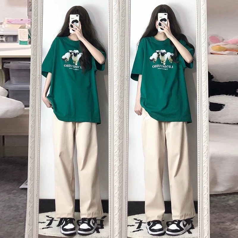 Sét Bộ Áo Cừu Và Quần kaki, Áo Thun Nữ vải cotton kèm quần phong cách