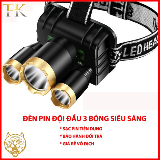 Đèn bin đội đầu đèn đeo đầu Led siêu sáng đèn soi 3 bóng -Tặng dèm dây sạc, đèn pha Led siêu sáng – Siêu phẩm chiếu