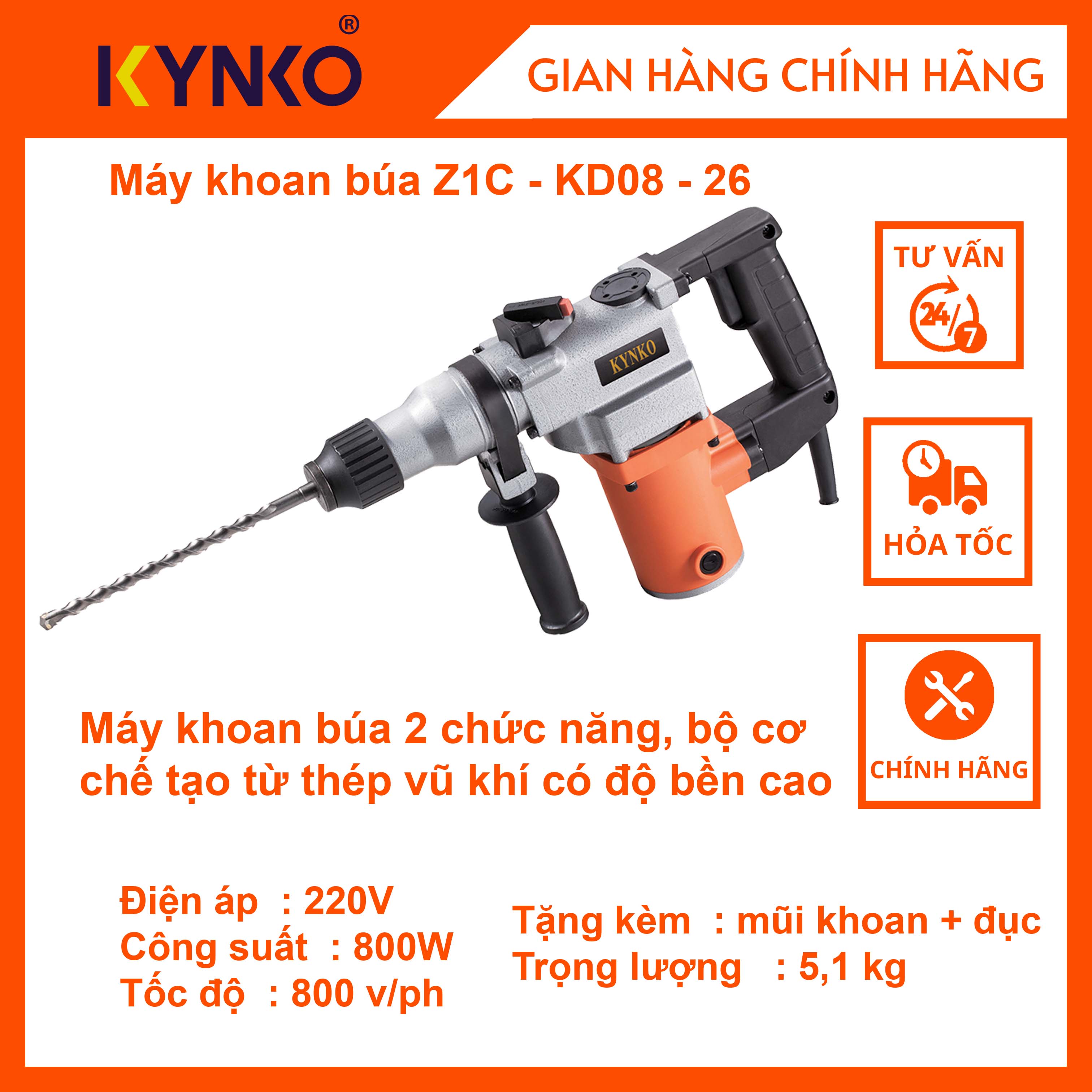 Máy khoan búa kynko Z1C- KD08 -26 (Cam) cầm tay chính hãng khỏe giá tốt