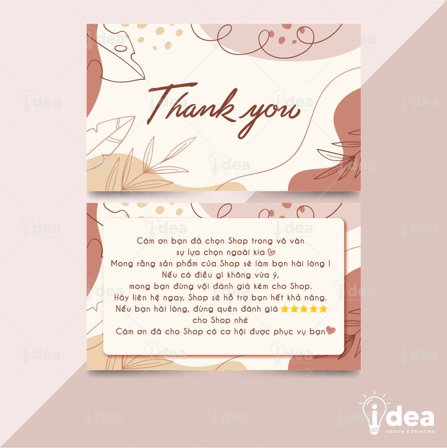 Card Cám Ơn, Card Thank You, Thiệp Cám Ơn, Thiệp Thank You - Size 9x 5.4cm Chất Liệu C300 Cán Màn Mờ 2 Mặt Họa Tiết Hoa Lá Sang Trọng - iDea Design