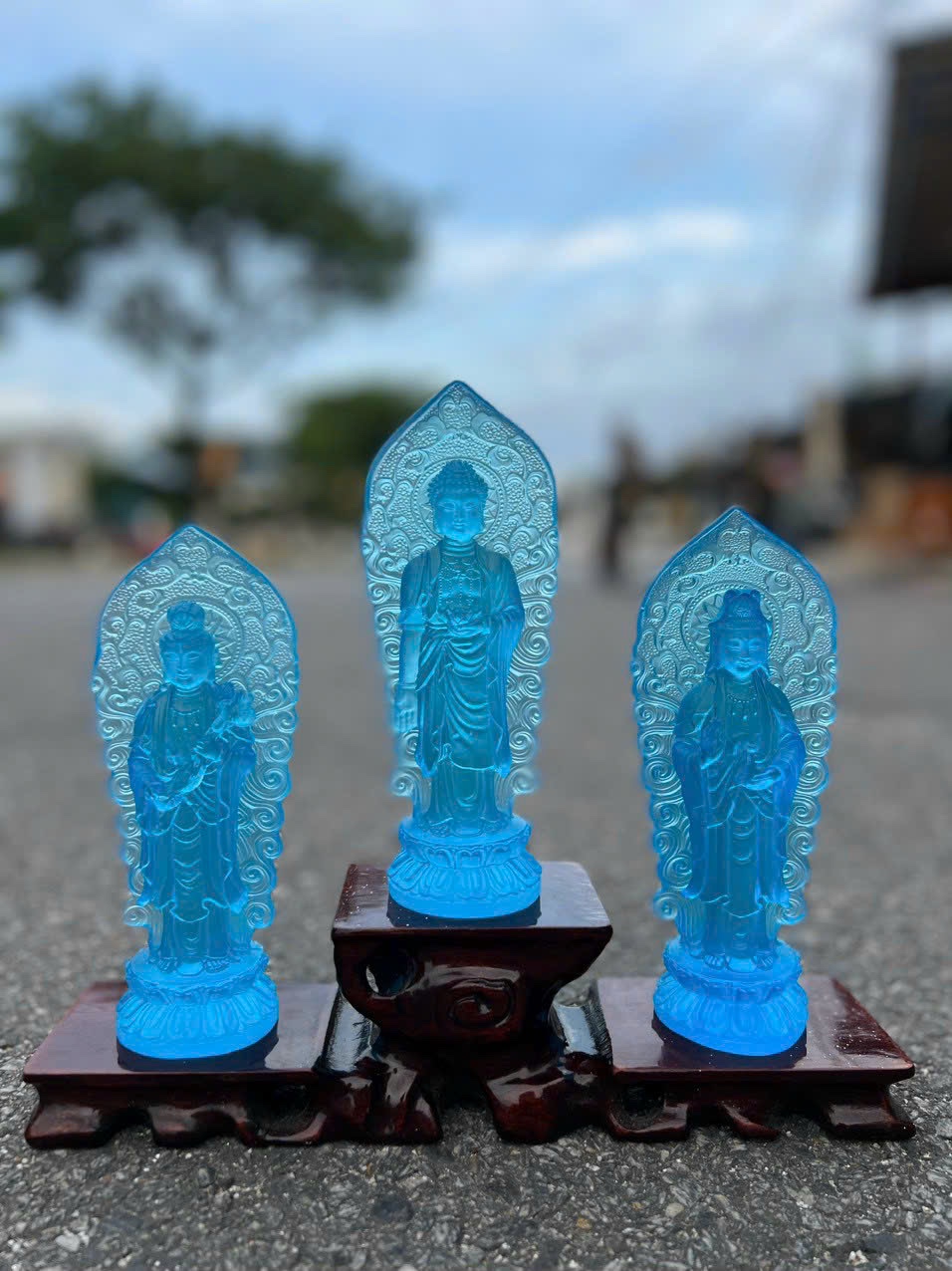 Bộ tượng tam thế phật tây phương tam thánh đứng đá lưu ly - cao 17 cm