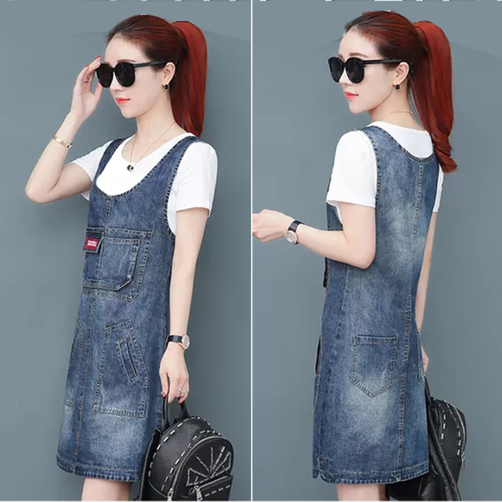 [HCM]Đầm Yếm Jean Nữ Thêu Logo Duyên Dáng