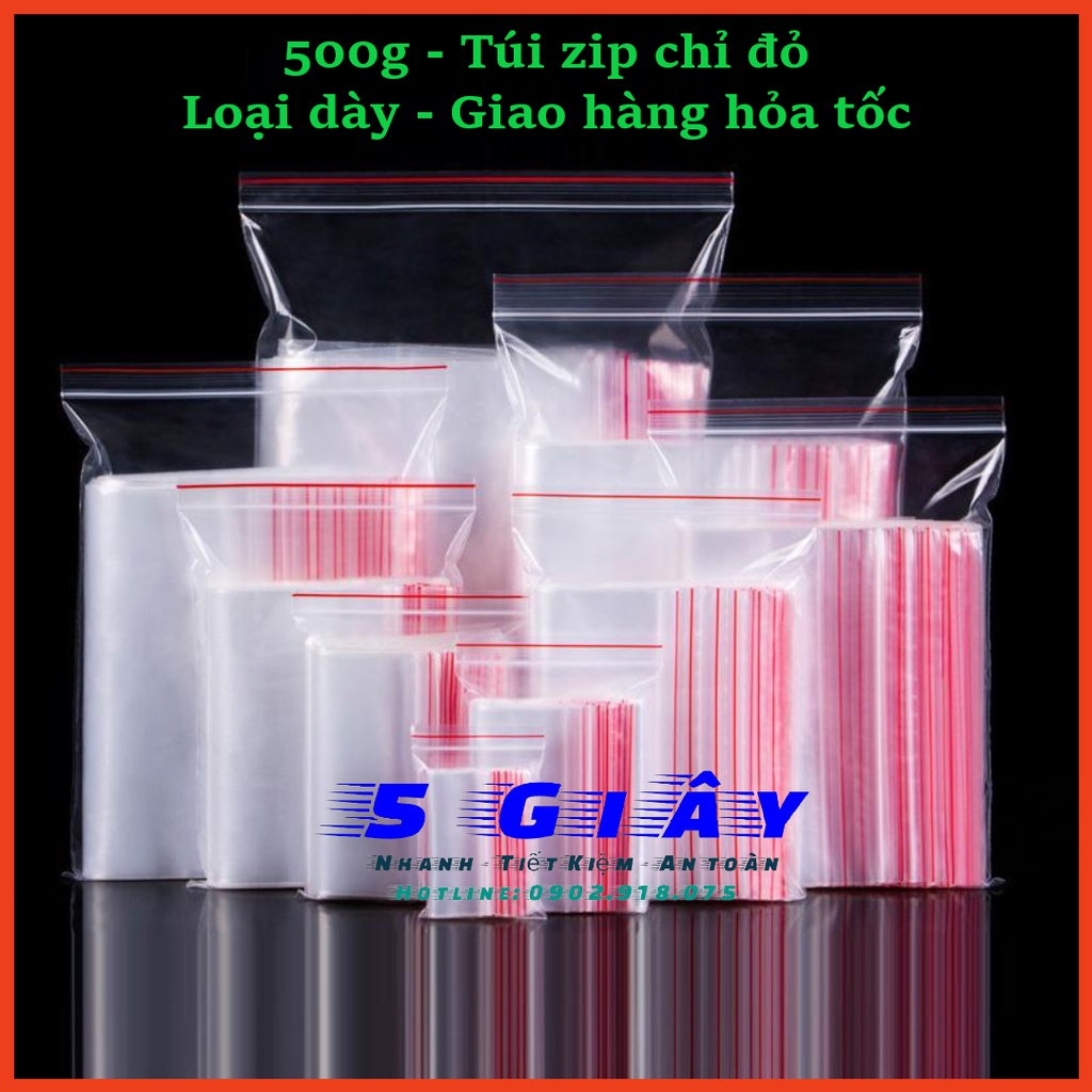 Túi zip chỉ đỏ (zip PE, zip lock, zip viền đỏ) loại dày – 5 giây