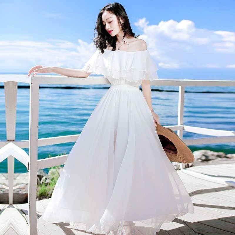 Đầm maxi ren trắng trễ vai 2 lớp - Bán sỉ thời trang mỹ phẩm