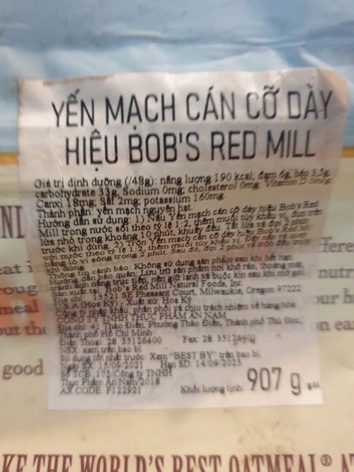 Yến mạch cán cỡ dày hiệu bob's red mill (907g) nhập khẩu Mỹ