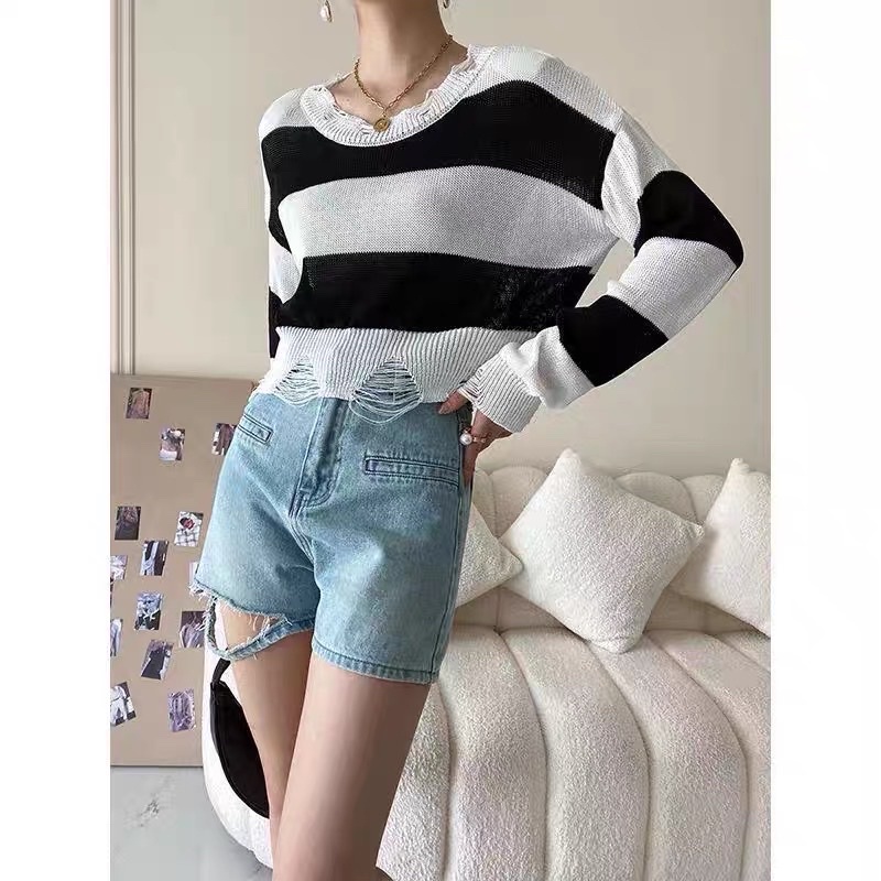 áo len dệt kim mỏng kiểu rách dáng croptop (có đệm vai) (1240#)