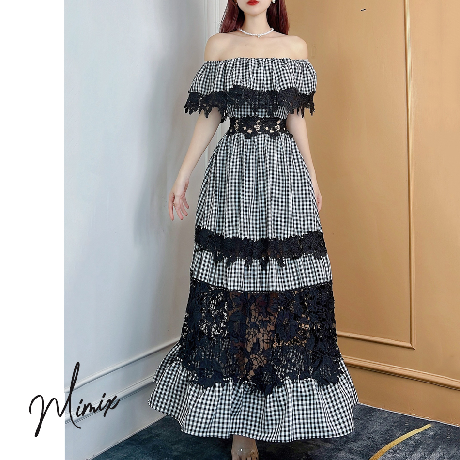 Đầm maxi caro trễ vai phối họa tiết ren sang trọng MIMIX CL3235