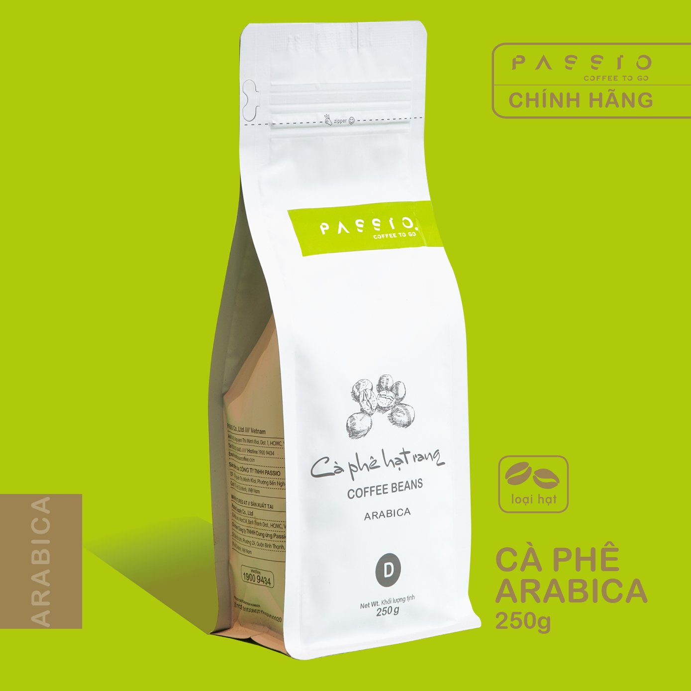 Cà phê Arabica dạng Hạt nguyên chất 100% rang mộc - Passio Coffee (250g)