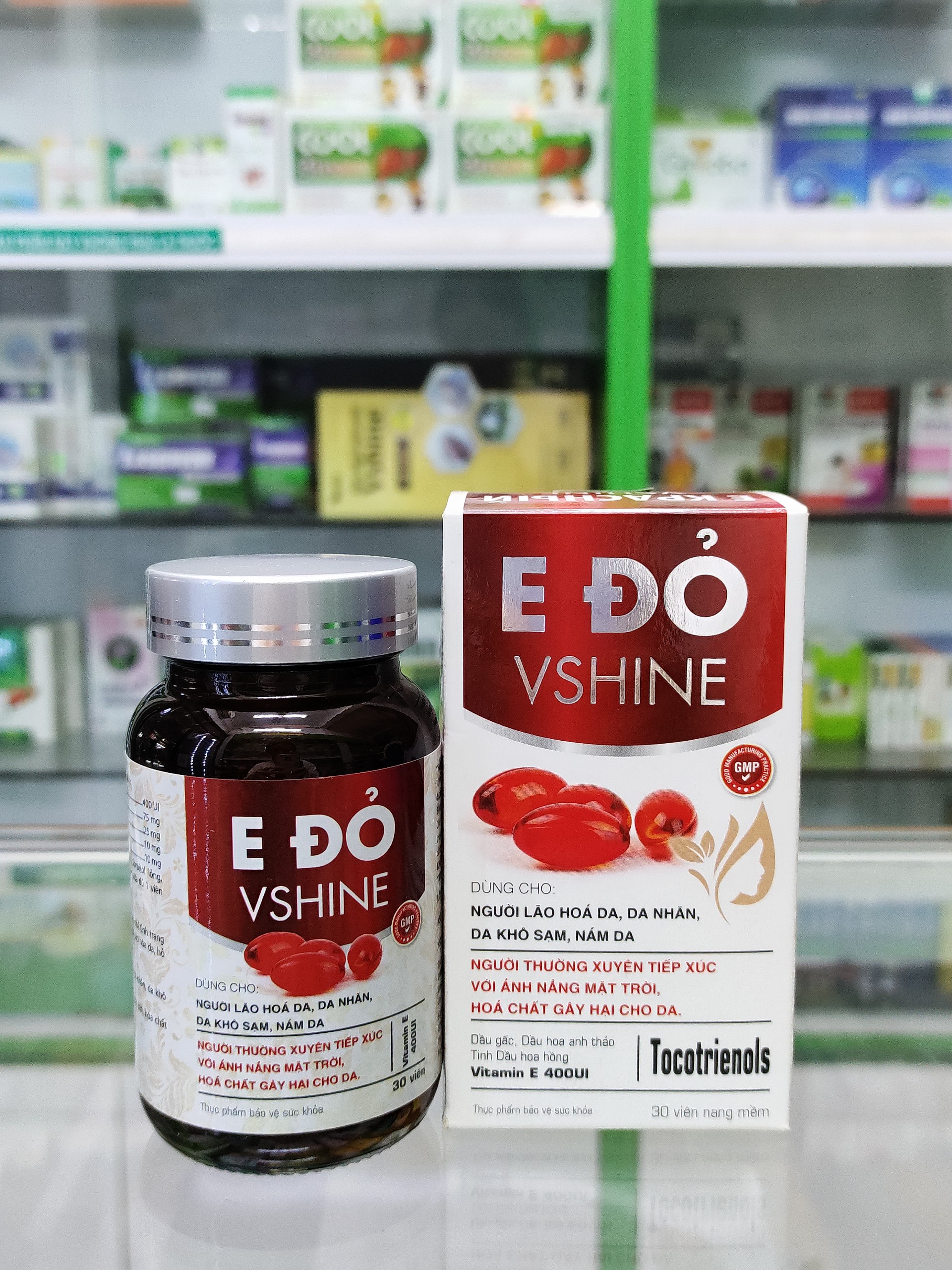 Vitamin E đỏ Vshine lọ 30 viên- Bổ sung vitamin E, tinh dầu hoa anh thảo - giúp chống oxy hóa, lão hóa da và làm đẹp da