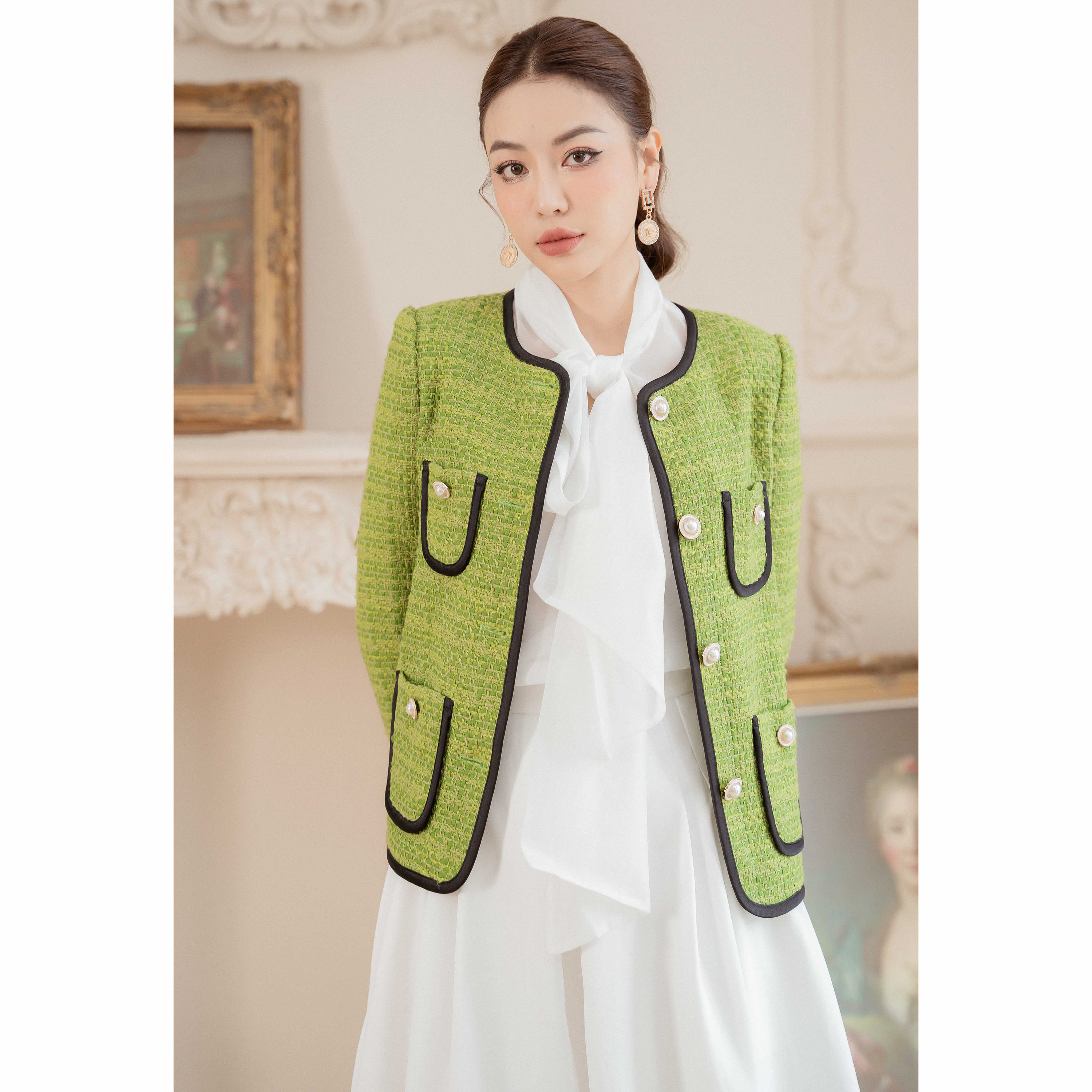 Áo Vest dạ tweed xanh cổ tròn SIXDO (Green Nuggets Tweed Vest)
