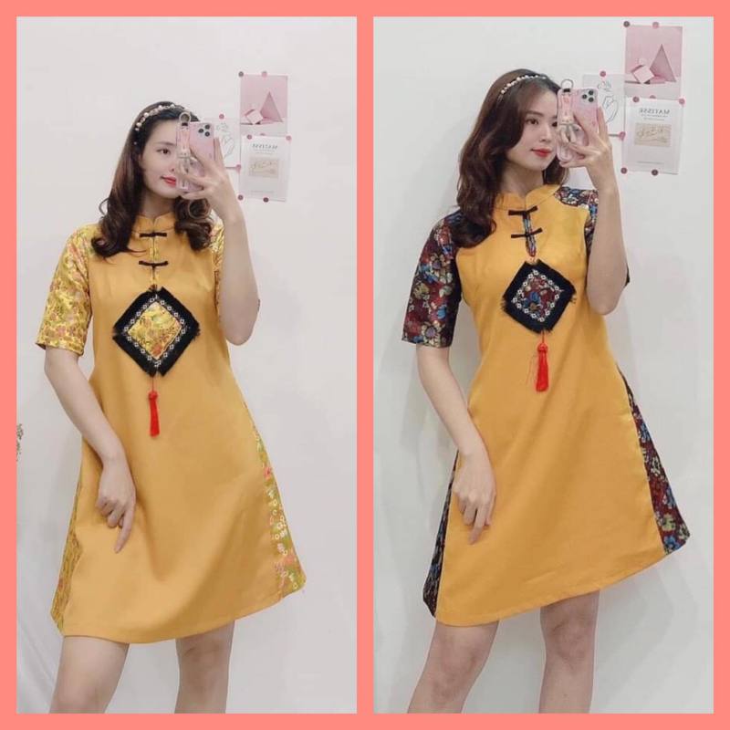 Nơi bán Đầm cách tân mặc tết họa tiết gấm tay xanh vàng hai size S M