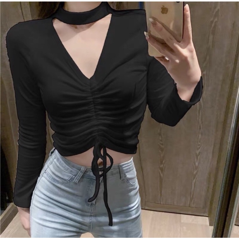 Áo kiểu croptop tay dài cổ tim phối lọ chít dây