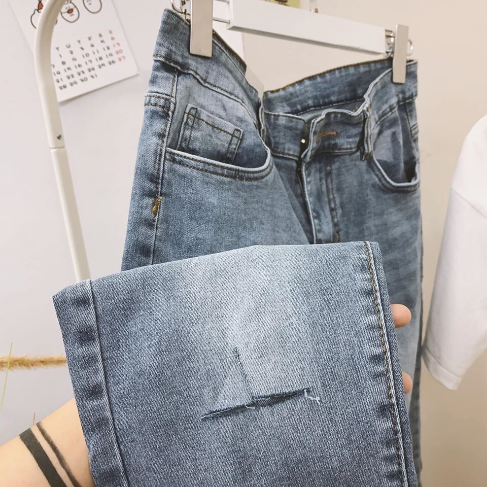 Quần jeans rách gối mix rách gấu