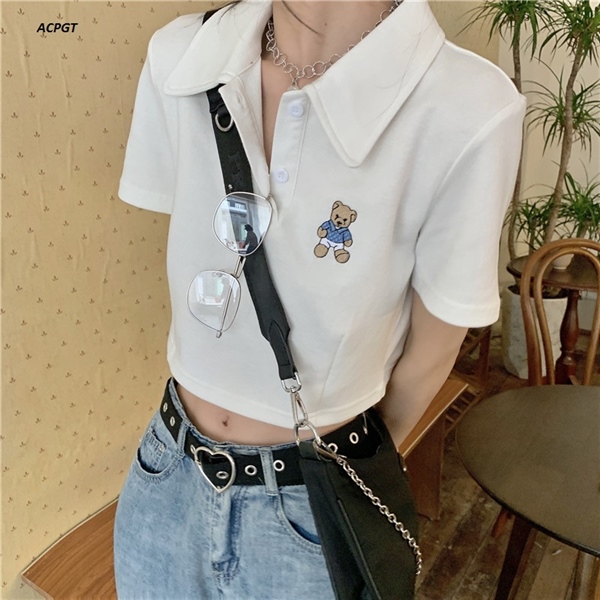 Áo Croptop Polo Thêu Gấu
