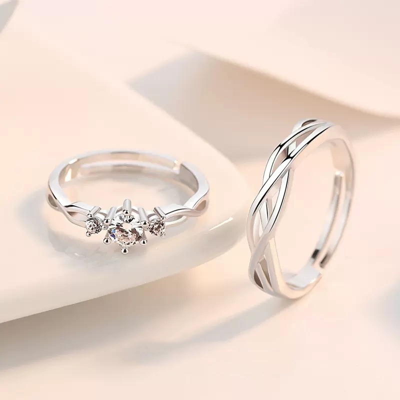 ◆✚☇ Set 2 Nhẫn Đính Hôn Bạc Đính Đá Lấp Lánh Dành Cho Cặp Đôi