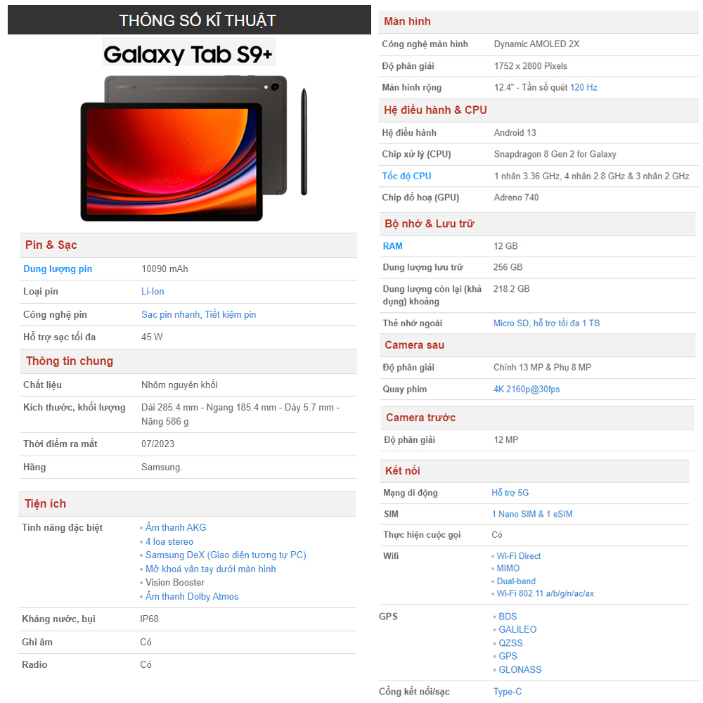 Máy tính bảng Samsung Galaxy Tab S9+ (Tab S9 Plus), Tặng bao da