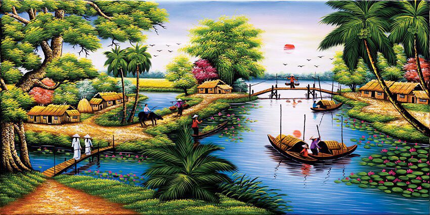 Tranh làng quê đồng quê sông nước cây cầu tre mộc mạc kèm khung tranh trang trí