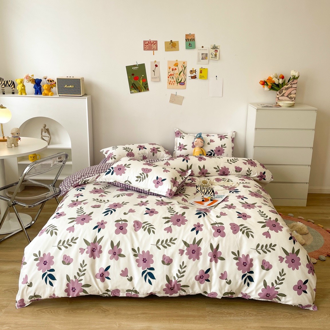 Bộ Chăn Ga Gối Cotton Poly - Hoa Tím ( 1 Drap + 2 Vỏ Gối Nằm + 1 Vỏ Chăn ) Tiệm Nhà Cá