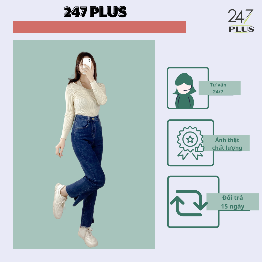 Quần Jean Dáng Suông Xẻ Gấu 2 Màu 247Plus