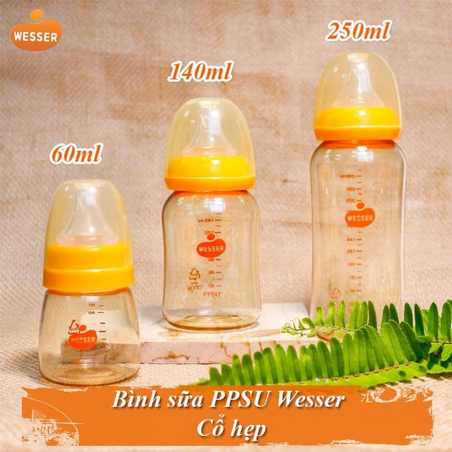 {CHÍNH HÃNG} - Bình Sữa Wesser PPSU Cổ Hẹp Cao Cấp 60ml/140ml/250ml (mẫu mới)