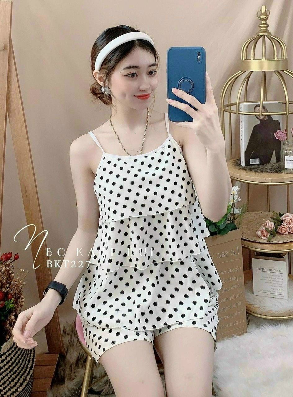 Set đồ ngủ 2 DÂY 3 TẦNG vải Lụa Hàn mềm mịn, thoáng mát , Bộ ngủ 2 dây bò sữa dễ thương siêu hot Onesize dưới 58kg
