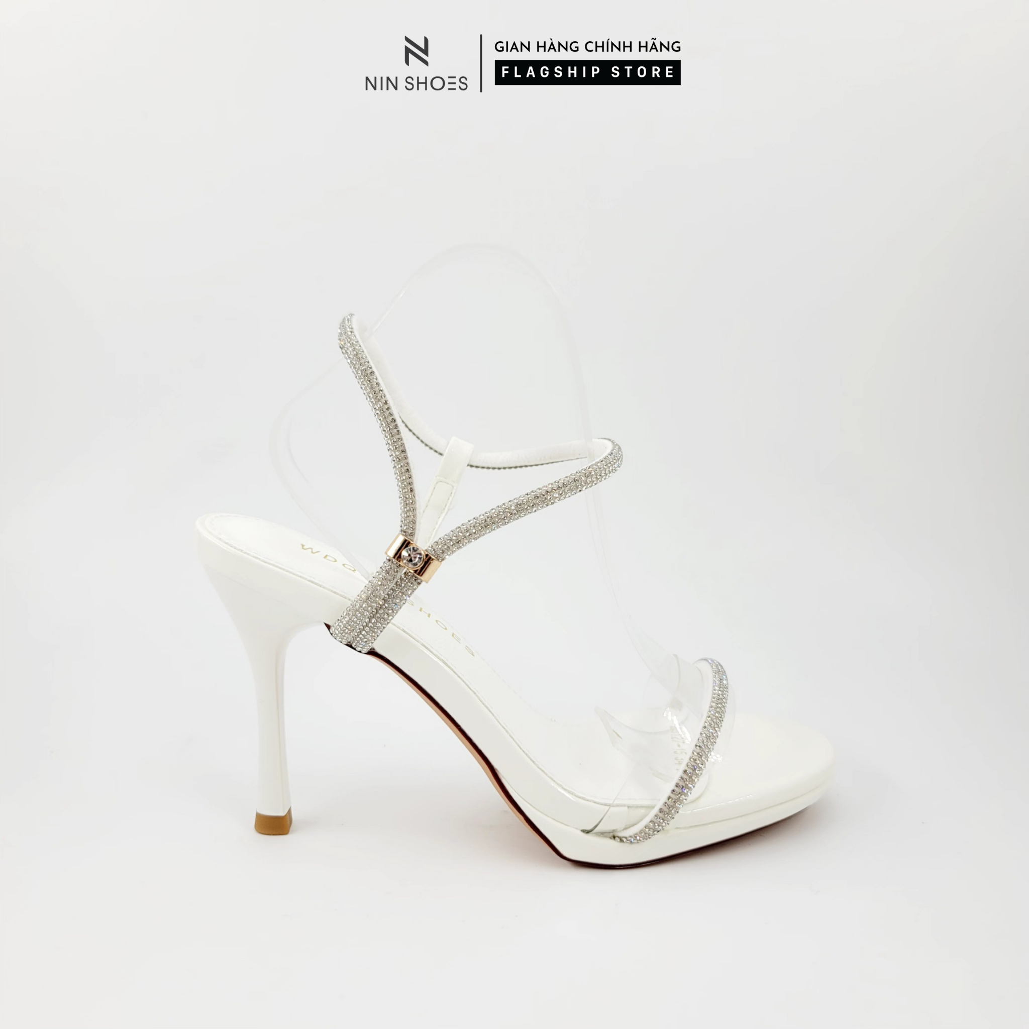 Giày nữ Ninshoes - Giày Sandal cao gót 12p quai ngang mika đính đá thắt nút thít mắt cá mũi nhọn gót nhọn 2023