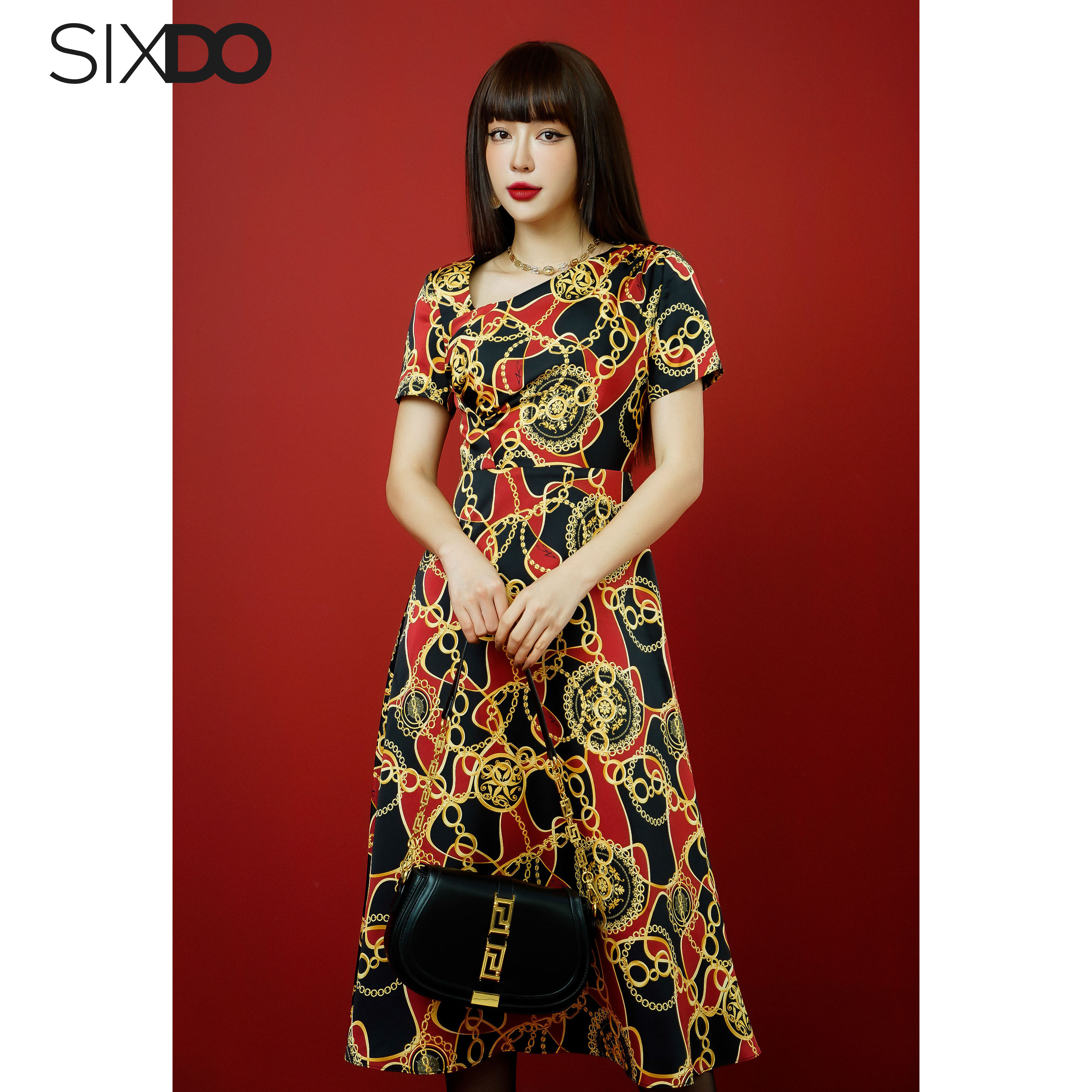 Đầm lụa họa tiết baroque cổ lệch SIXDO (Black Baroque Midi Silk Dress)